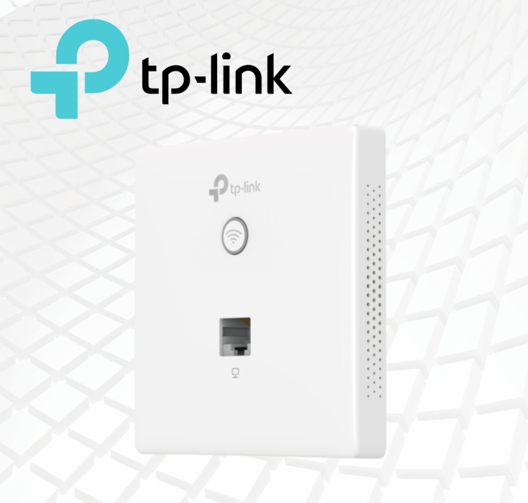 Imagen principal mostrando el producto de frente: Access Point TP-Link EAP230-Wall blanco Imagen mostrando el producto instalado en una pared de oficina: TP-Link EAP230-Wall instalado en pared de oficina moderna Imagen mostrando los puertos del dispositivo: Puertos Gigabit del Access Point TP-Link EAP230-Wall